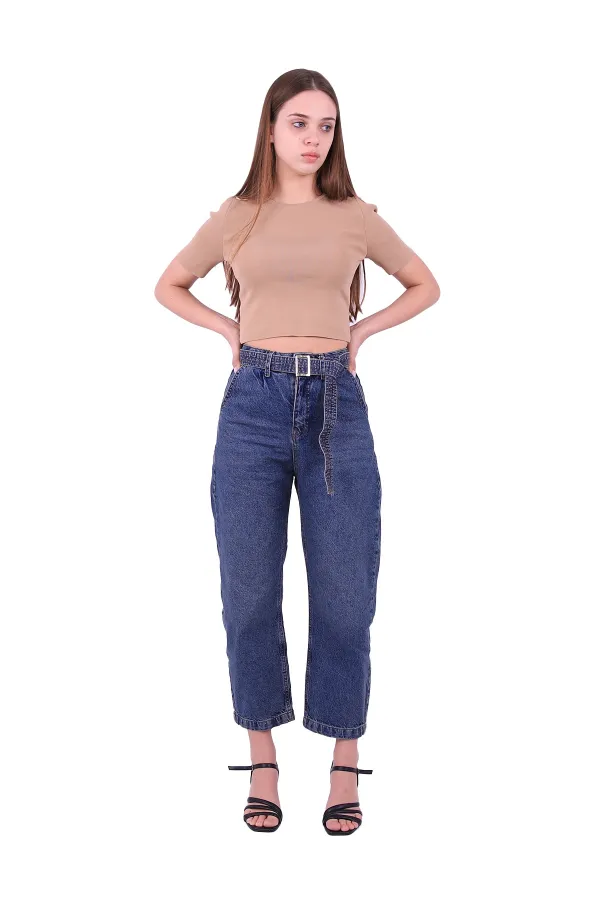 Beli Pileli Kot Kemerli Gevşek Kot Pantolon  1741-62-(26-31)