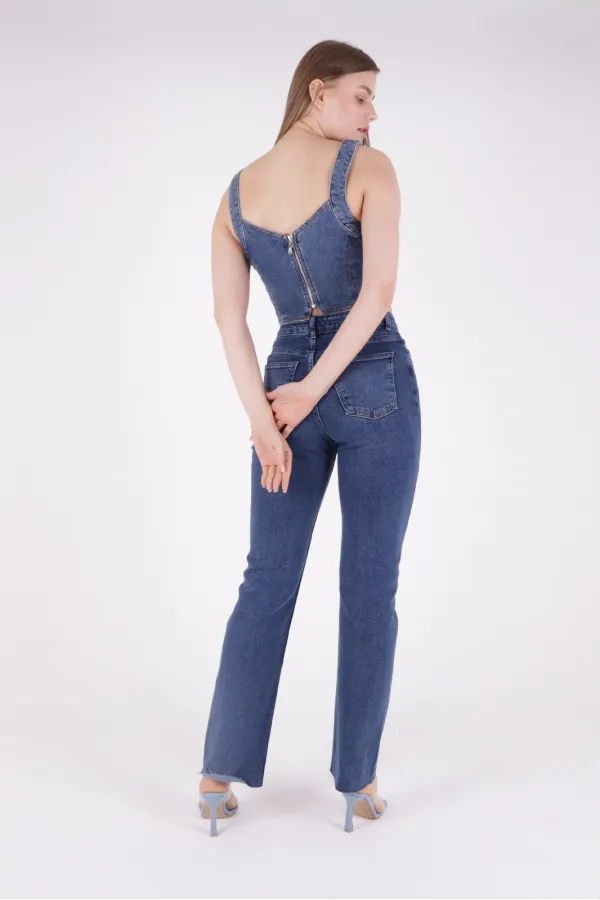 Tasseled Bottom Wide Leg Relax Jean 1726-01-(28-33) Dark Blue Denim Tasseled Bottom Wide Leg Relax Jean 1726-01-(28-33) Dark Blue Denim