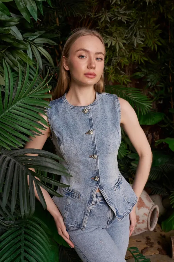 Belden Oturtmalı Düğmeli Kot Yelek  6086-14-(S-XL)