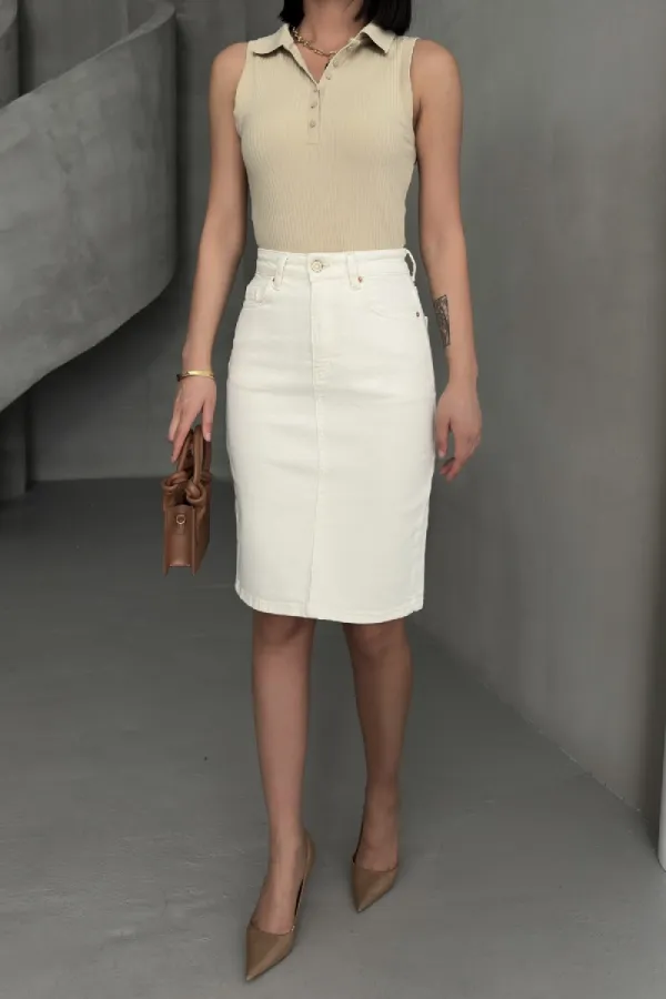 Classic Mid Length Denim Skirt  1039-80-(42-46) Natural