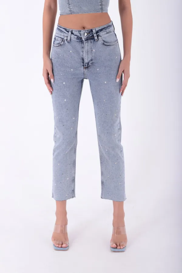 Yıldızlı Mom Fit Dikişsiz Paça Kot Pantolon  1753-08-(28-33)