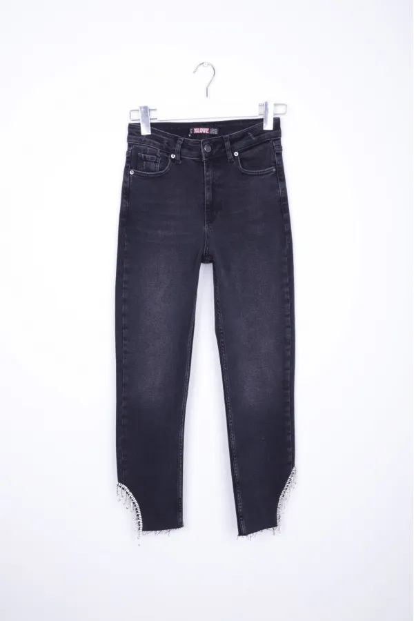 High Waisted Mom Jean with Rhinestones on Leg Hems Sides 1881-03-(26-31) Anthracite Denim High Waisted Mom Jean with Rhinestones on Leg Hems Sides 1881-03-(26-31) Anthracite Denim