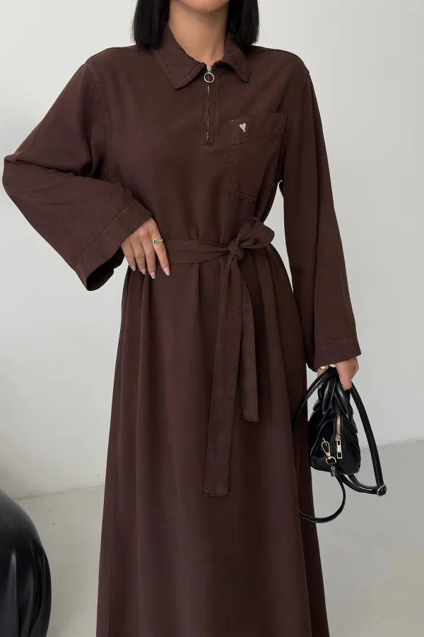 Buttoned Classic Long Denim Dress 3034-78-(S-XL) Brown Buttoned Classic Long Denim Dress 3034-78-(S-XL) Brown
