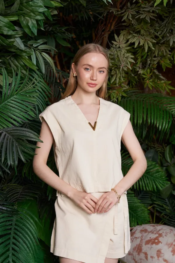 V Neck Linen Blouse HS608-65-(S+L+4) Stone