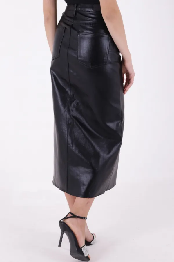 Fringe Finish Denim Medium Skirt with Front Slit 1022-46-(XS-XL-7) Foiled Black Fringe Finish Denim Medium Skirt with Front Slit 1022-46-(XS-XL-7) Foiled Black
