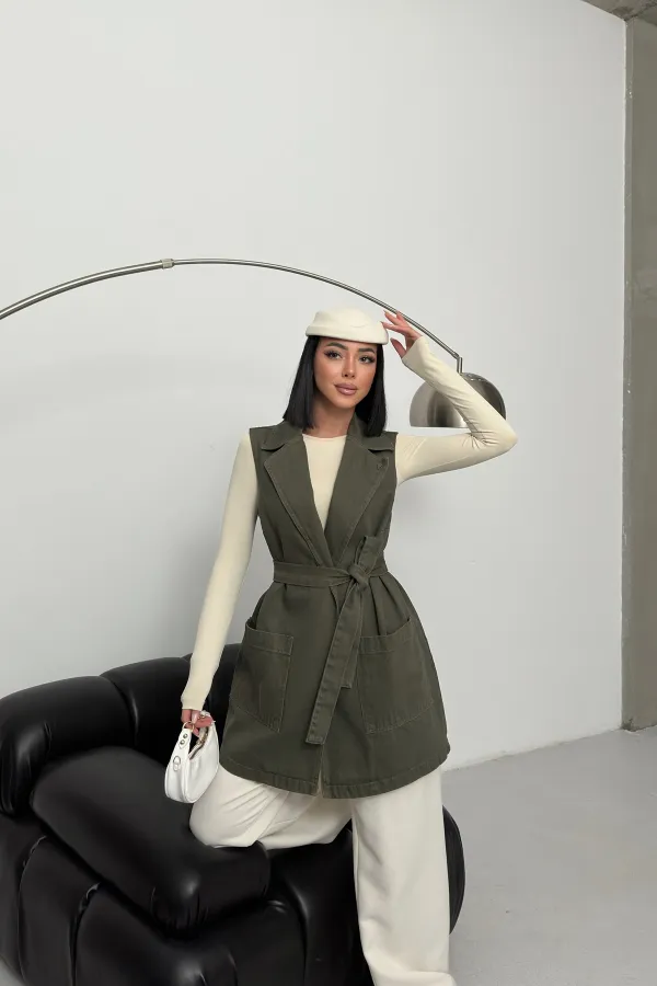 Belted and Cross Over Collar Denim Vest 6137-67-(S-XL) Khaki