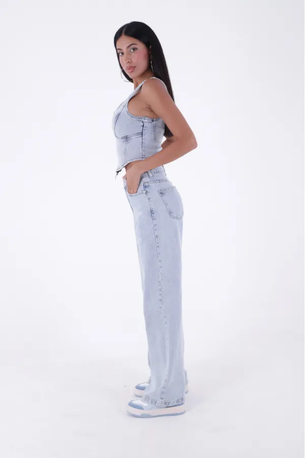 Wide Leg High Waisted Relaxed Jean  718-42-(28-33) Ice Blue - Tinted