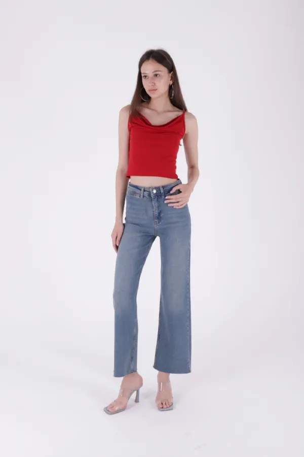 Wide Leg Palazzo Relaxed Jean with Decorative Front Pockets 1710-62-(27-32) Middle Blue - Tinted