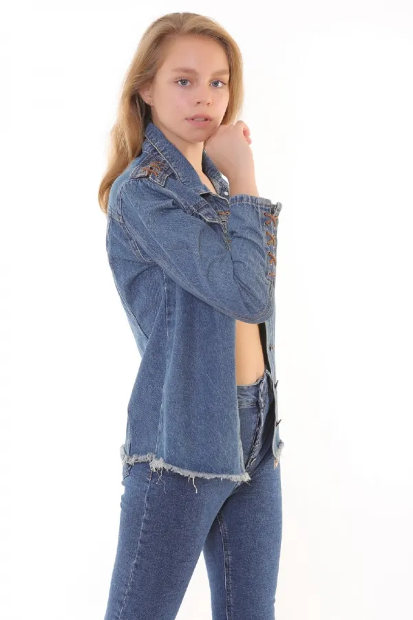 Tasseled Ending Denim Jacket with Lace-up Sleeve 618-62-(S-XL) Middle Blue - Tinted Tasseled Ending Denim Jacket with Lace-up Sleeve 618-62-(S-XL) Middle Blue - Tinted