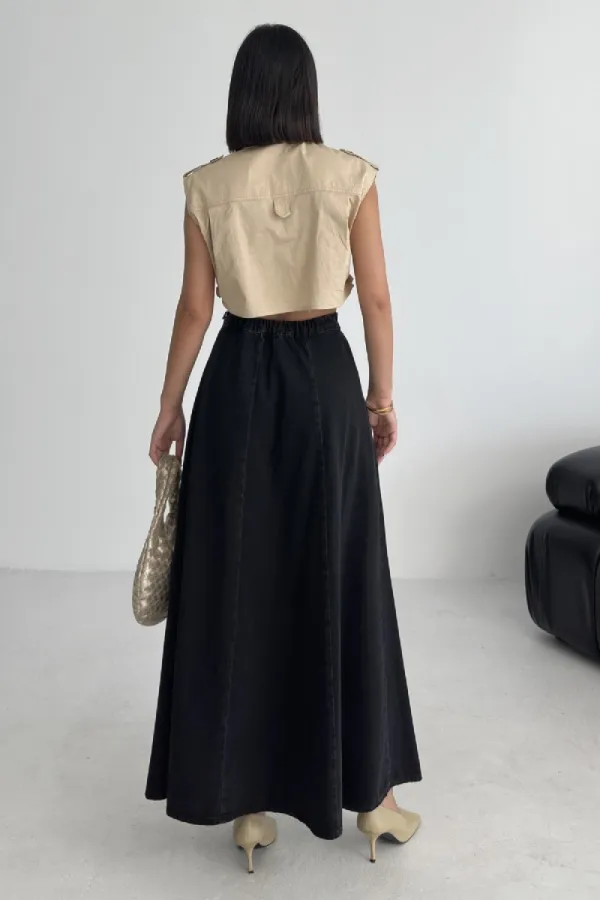 Ruffled Long Skirt with Elasticated Waist 1063-23-(36-44) Regular Anthracite