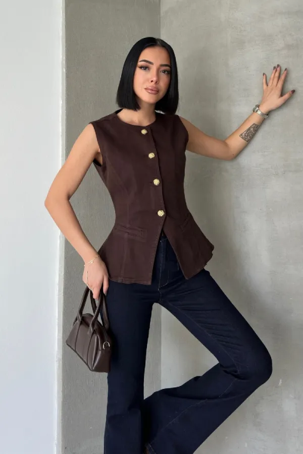 Denim Vest with Slit Front 6086-78-(XS-L) Brown