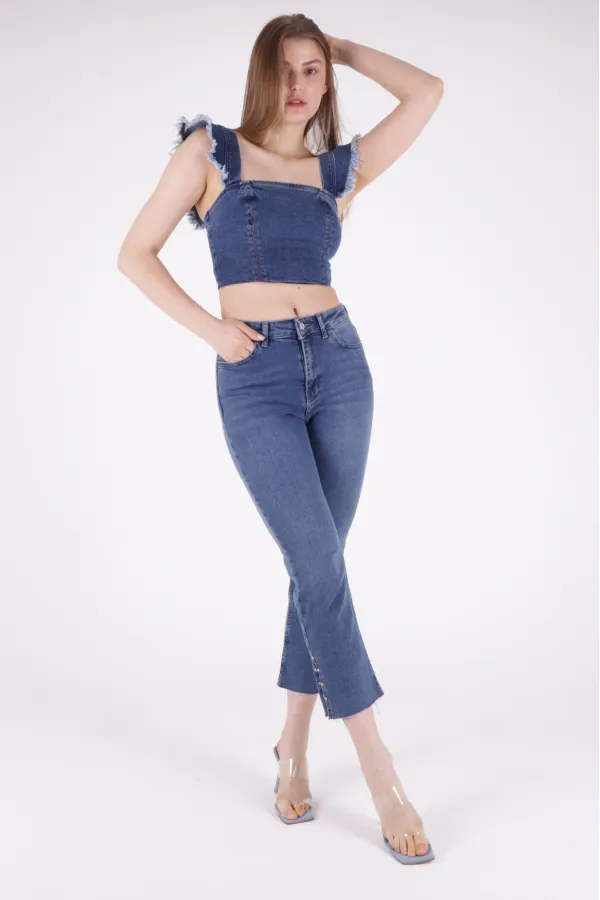 Mom Jean with Side Slits  1774-01-(28-33) Dark Blue Denim