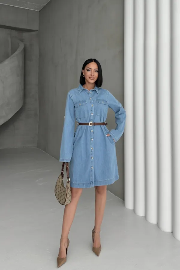 Long Shirt Dress with Buttons 6102-25-(S-XL) Middle Blue