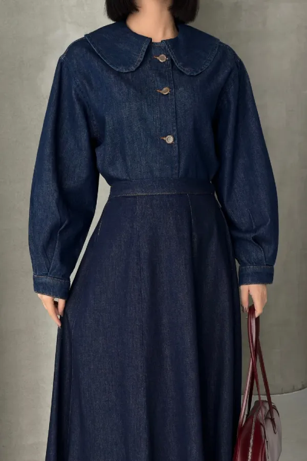 Baby Collar Denim Shirt 6095-17-(S-L-3) Slubbed Navy Blue