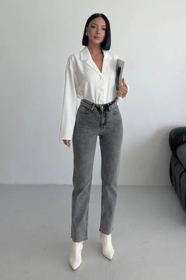 Fringe Ending High Waisted Mom Fit Jean 764-40-(26-29) ight Grey - Snow