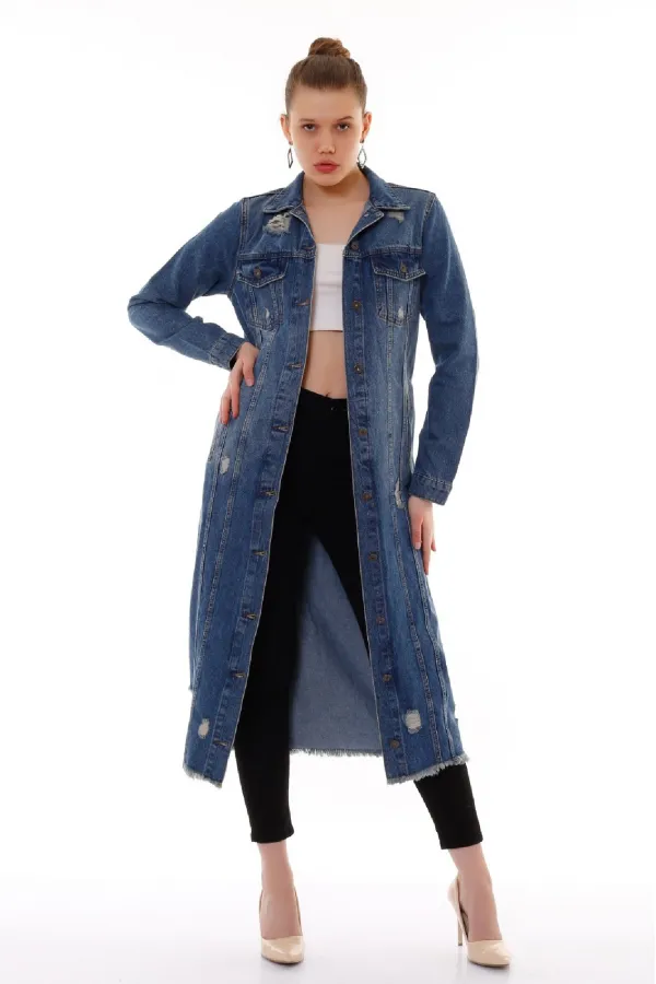 Ripped Long Denim Jacket 680-02-(S-XL) Dark Tinted Denim Ripped Long Denim Jacket 680-02-(S-XL) Dark Tinted Denim
