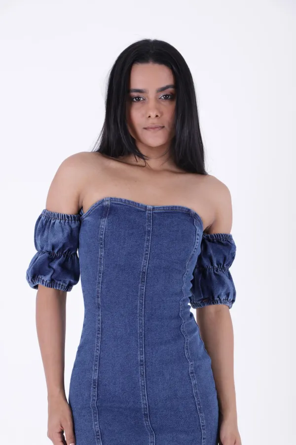 Kolları Lastikli Kısa Straplez Kot Elbise 3020-01-(S-L-5) Kolları Lastikli Kısa Straplez Kot Elbise 3020-01-(S-L-5)
