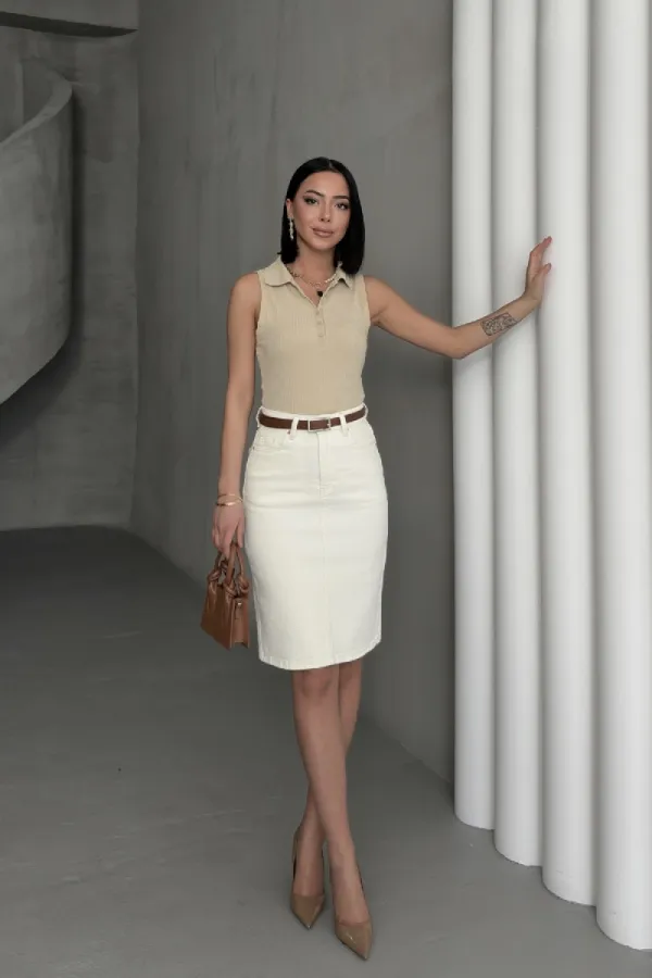 Classic Mid Length Denim Skirt  1039-80-(42-46) Natural