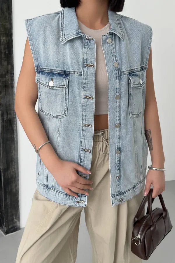 Gilet en denim mi-long 6053-08-(SL-4)