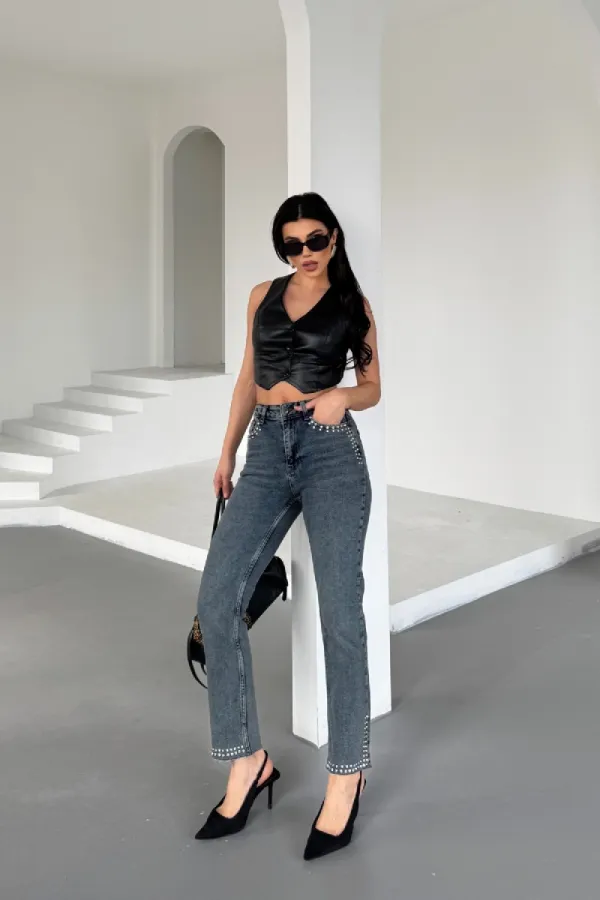 Mom Jean with Decorative Parts on Pockets and Hems 7023-28-(28-33) Dark Blue Snow Denim