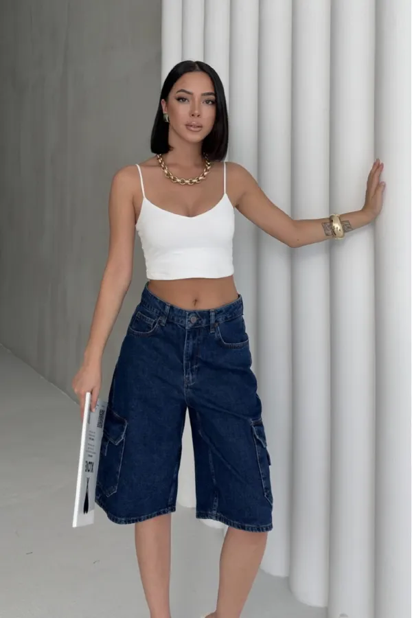 Mid Length Denim Shorts with Pocket Detail 2026-26-(36-42-6) Regular Dark Blue