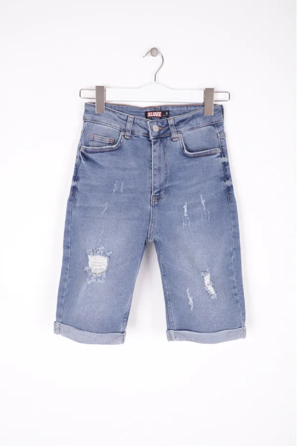 Denim Short with Double Folded Bottom Ending 296-06-(S-XL-6) Middle Blue Denim Denim Short with Double Folded Bottom Ending 296-06-(S-XL-6) Middle Blue Denim