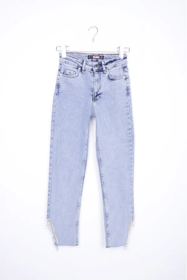 High Waisted Mom Jean with Rhinestones on Leg Hems Sides 1881-08-(26-31) Snow Light Blue High Waisted Mom Jean with Rhinestones on Leg Hems Sides 1881-08-(26-31) Snow Light Blue