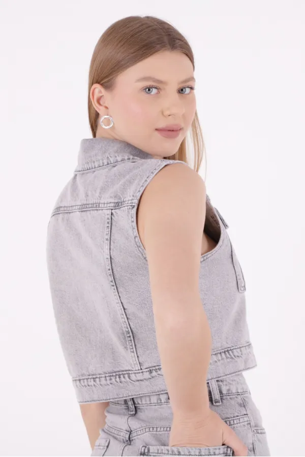 Fermuarlı Mini Kot Yelek  6018-32-(S-L-5)