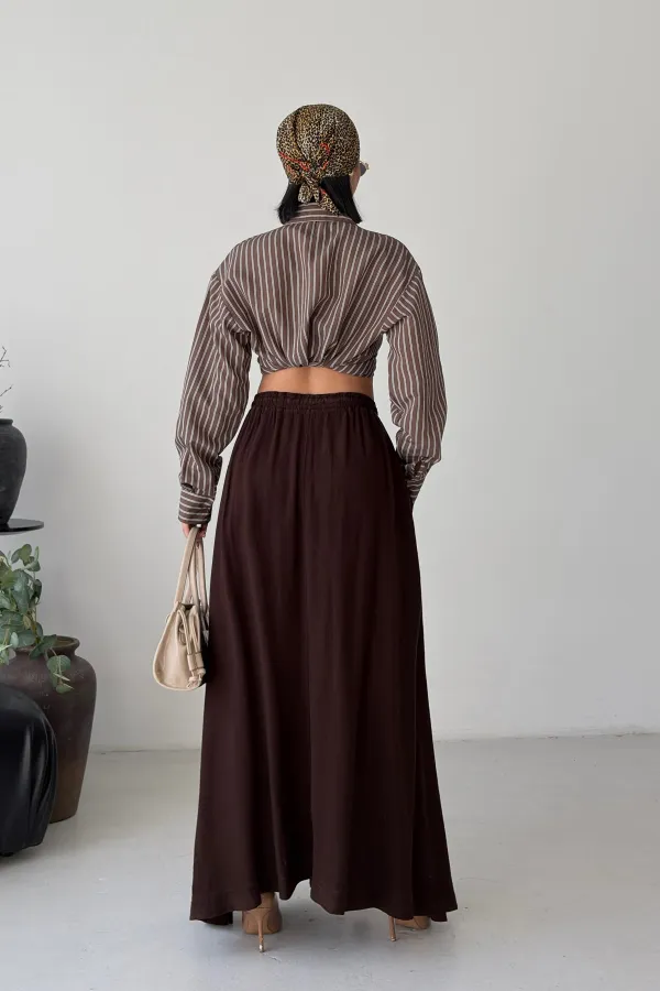 Elasticated Long Skirt HS131-78-(S-L-3) Brown