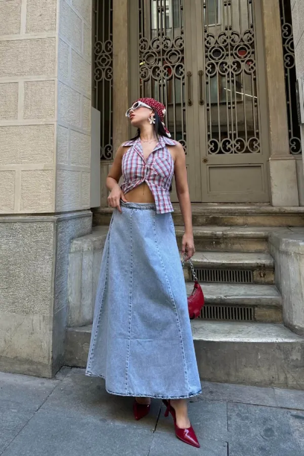 Ruffled Long Skirt with Elasticated Waist 1063-08-(36-44) Snow Light Blue