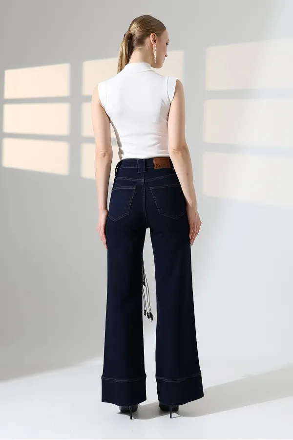 Palazzo Jeans with Hem Detail 7164-17-(27-32) Slubbed Navy Blue Palazzo Jeans with Hem Detail 7164-17-(27-32) Slubbed Navy Blue