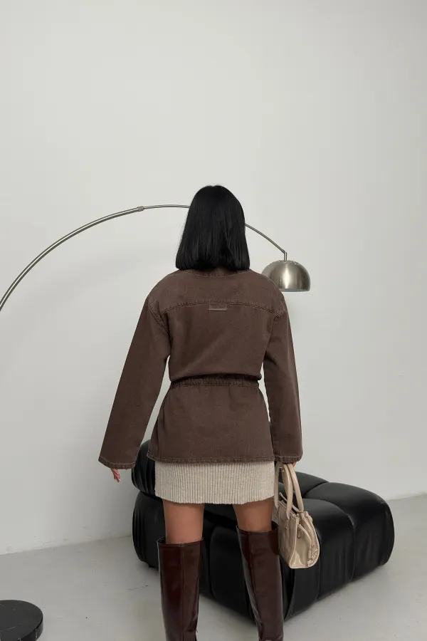 Denim Jacket with Waist Detail 6145-60-(S-L-3) Ancient Brown