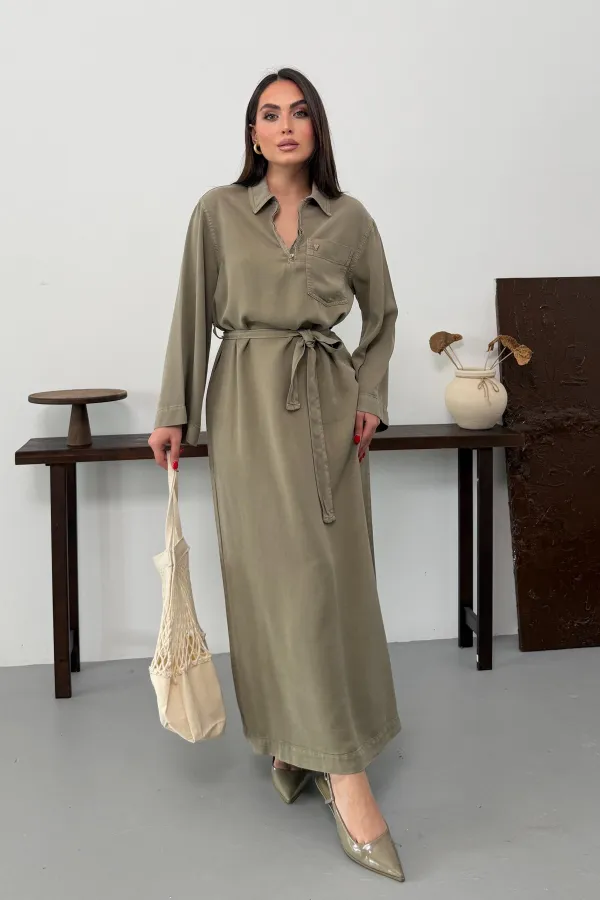 Belted Long Denim Dress 3035-74-(S-XL) Green