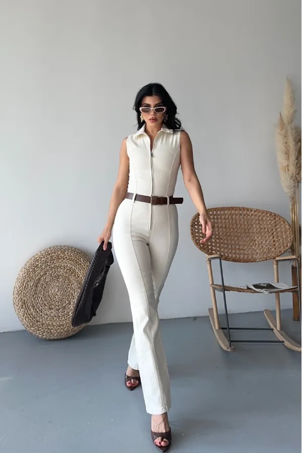 Sleeveless Denim Jumpsuit with Zipper and Belt 3013-80-(S-XL) Natural