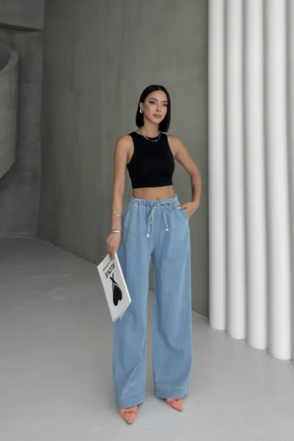 Elastic Waist Palazzo Jean 7076-25-(S-XL) Middle Blue