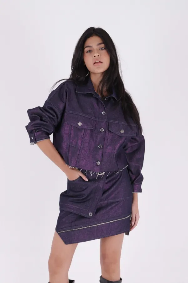 Short Oversize Denim Jacket 651-55-(S-L-3) Purple Coated Glitter Short Oversize Denim Jacket 651-55-(S-L-3) Purple Coated Glitter