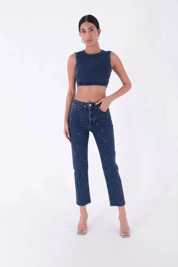 Yıldızlı Mom Fit Dikişsiz Paça Kot Pantolon  1753-26-(26-31)