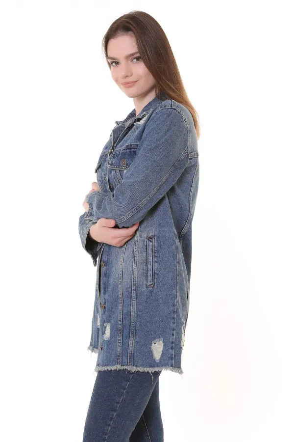 Fringe Finish Boyfriend Denim Jacket 679-62-(S-XL-6) Middle Blue - Tinted Fringe Finish Boyfriend Denim Jacket 679-62-(S-XL-6) Middle Blue - Tinted