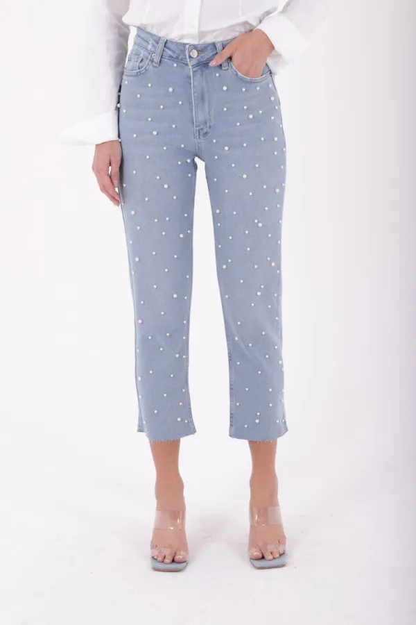 İnci Detaylı Mom Fit Kot Pantolon 1899-15-(26-31) İnci Detaylı Mom Fit Kot Pantolon 1899-15-(26-31)