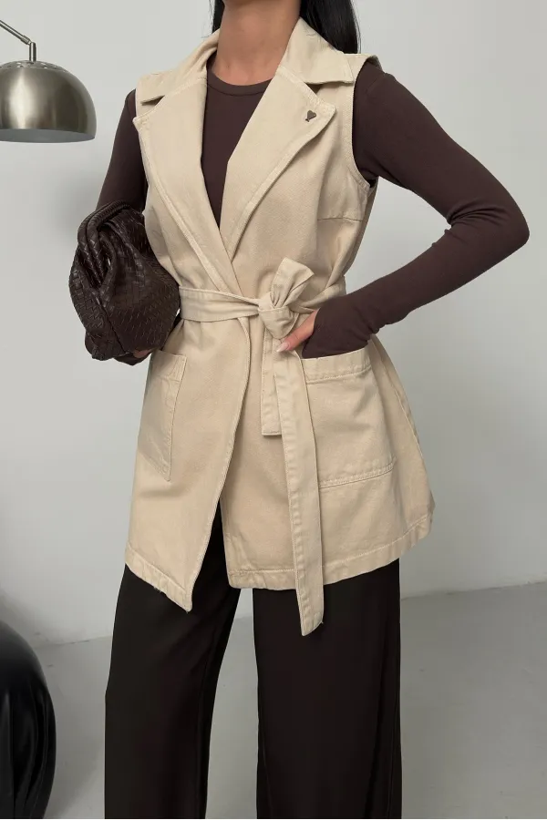 Belted and Cross Over Collar Denim Vest 6137-65-(S-XL) Stone