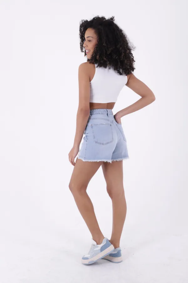 Ripped Denim Short with Fringe Ending 225-42-(S-XL-6) Ice Blue - Tinted Ripped Denim Short with Fringe Ending 225-42-(S-XL-6) Ice Blue - Tinted