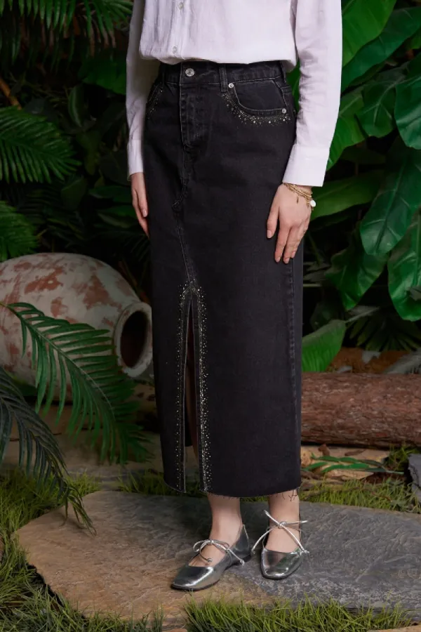 Taşlı Yırtmaçlı Kot Etek 1071-23-(S-XL-6) Taşlı Yırtmaçlı Kot Etek 1071-23-(S-XL-6)