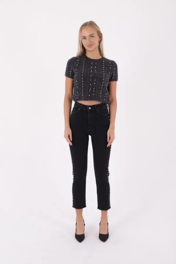 Yanı Drop Detaylı Mom Fit Kot Pantolon  1895-23-(28-33)