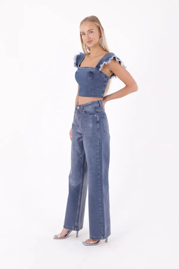Wide Leg High Waisted Relaxed Jean  718-53-(28-33) Silicone Dark Blue Denim