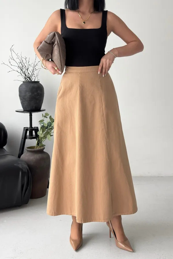 Ruffled Long Skirt with Elasticated Waist  1063-70-(36-44) Camel