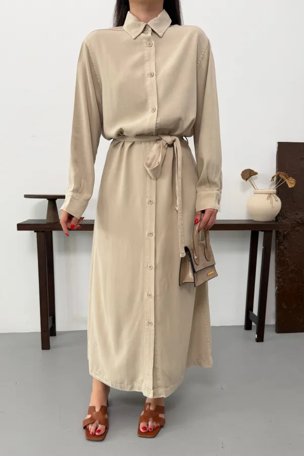 Buttoned Classic Long Denim Dress 3034-65-(S-XL) Stone