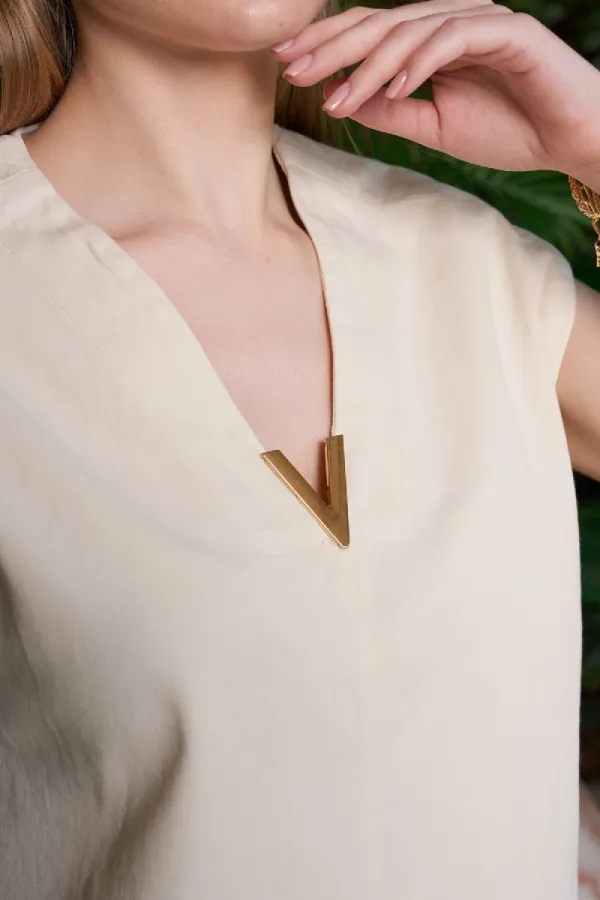 V Neck Linen Blouse HS608-65-(S+L+4) Stone