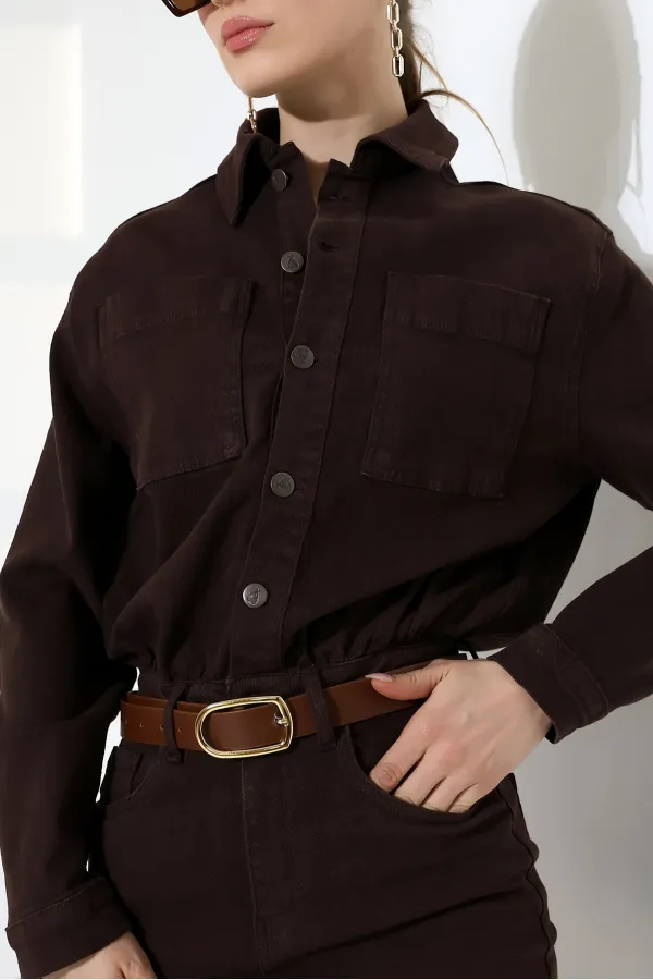 Buttoned Mini Denim Dress  3027-78-(S-L-3) Brown