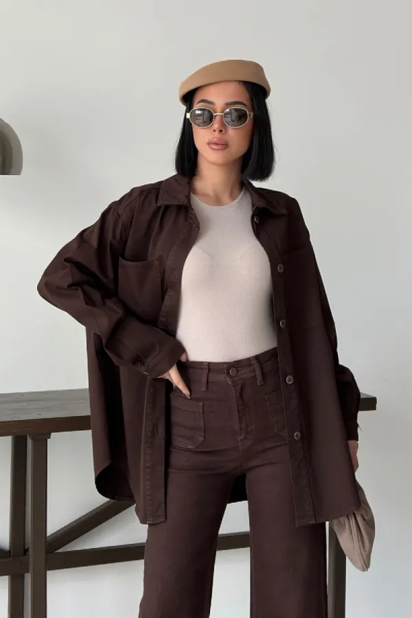 Oversize Denim Jacket with Buttons 6080-78-(S+L+3) Brown