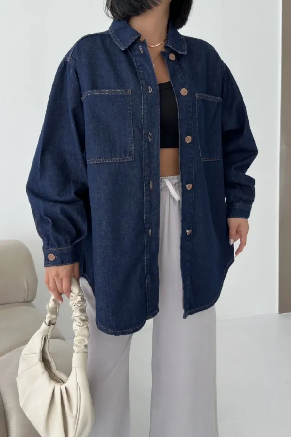 Oversize Denim Jacket with Buttons  6080-17-(S-L-3) Slubbed Navy Blue